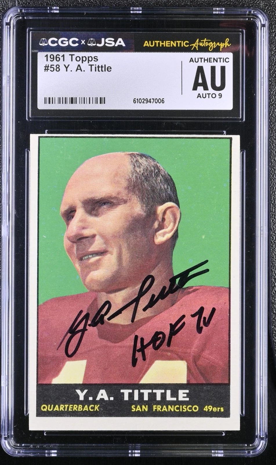 Y.A. Tittle Signed 1961 Topps #58 HOF 71 CGC JSA 9 Auto