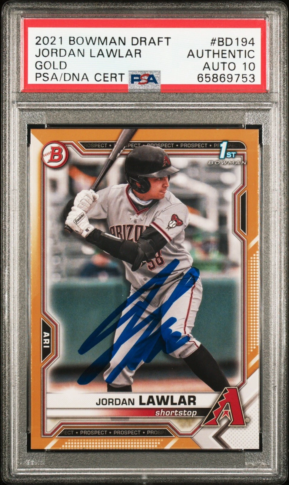 2021 Bowman Draft #BD194 Jordan Lawlar Signed Gold 1st Bowman /50 PSA AUTO 10