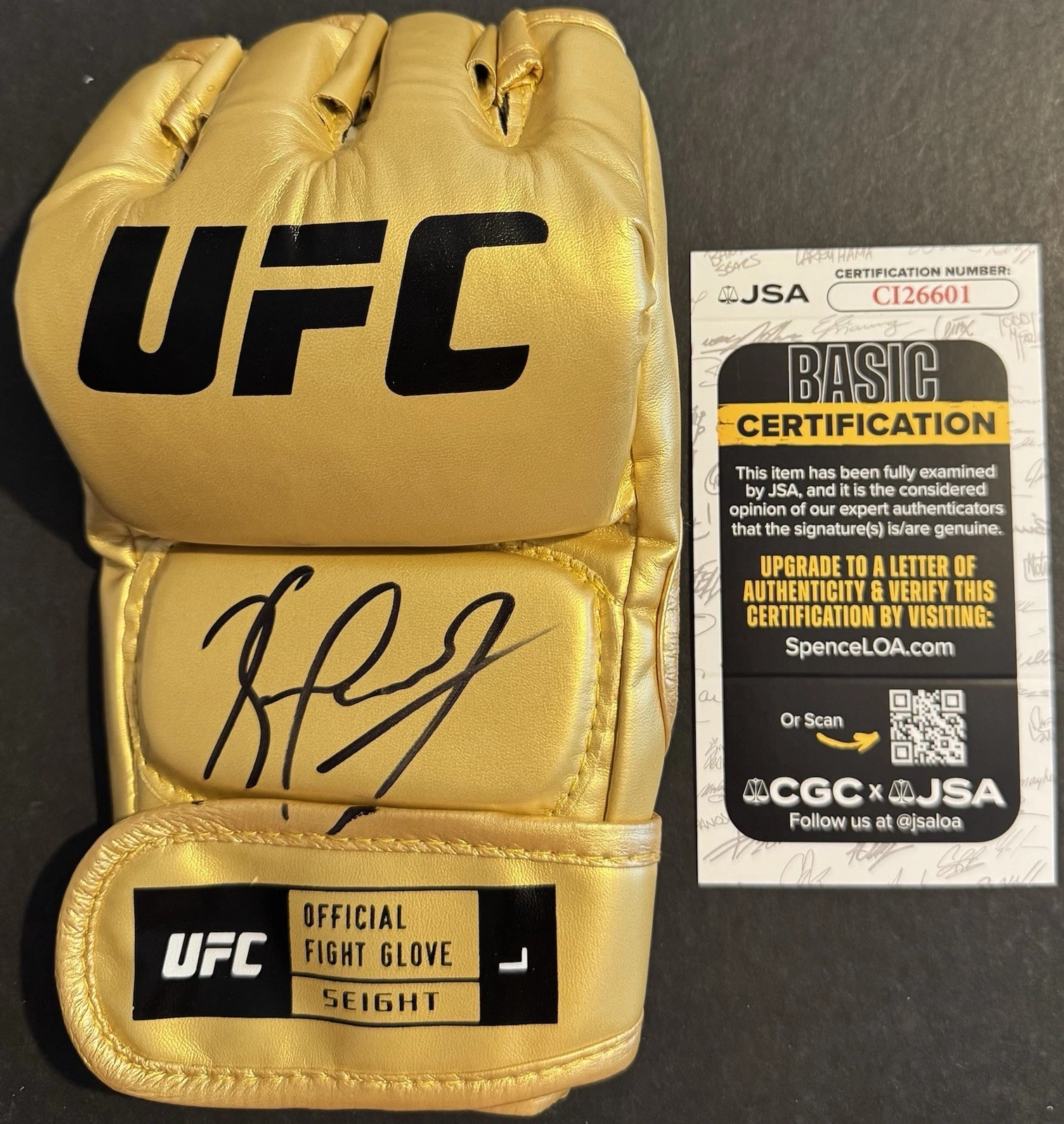 Kamaru Usman Signed Autographed UFC Gold Fight Glove JSA COA