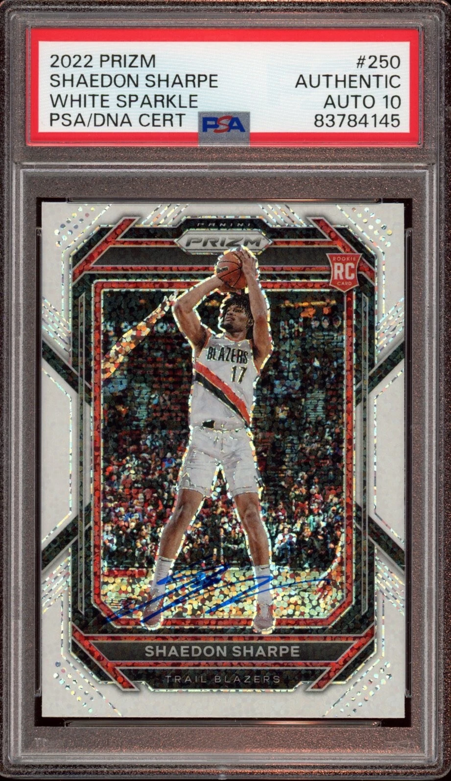 2022 Panini Prizm #250 Shaedon Sharpe White Sparkle SSP Rookie PSA/DNA AUTO 10