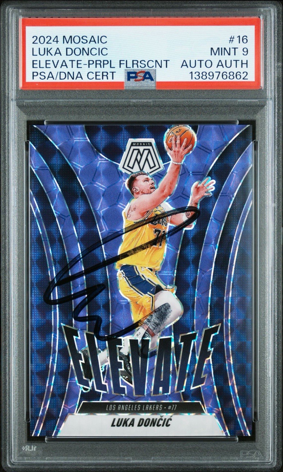 2024 Panini Mosaic #16 Luka Doncic Elevate Purple Fluorescent /175 AUTO PSA 9