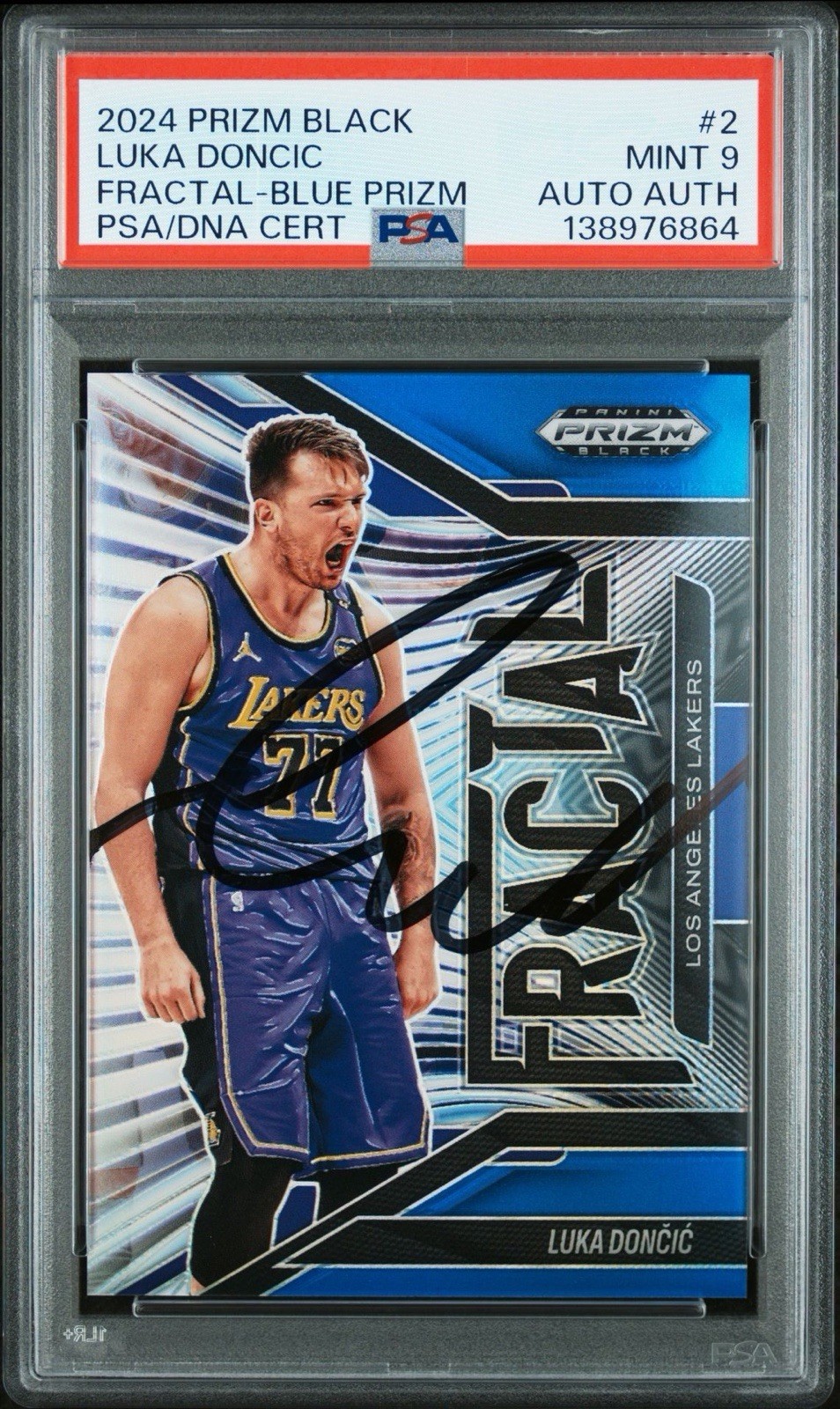 2024 Panini Prizm Black #2 Luka Doncic Blue Fractal Auto /199 PSA 9 LAKERS