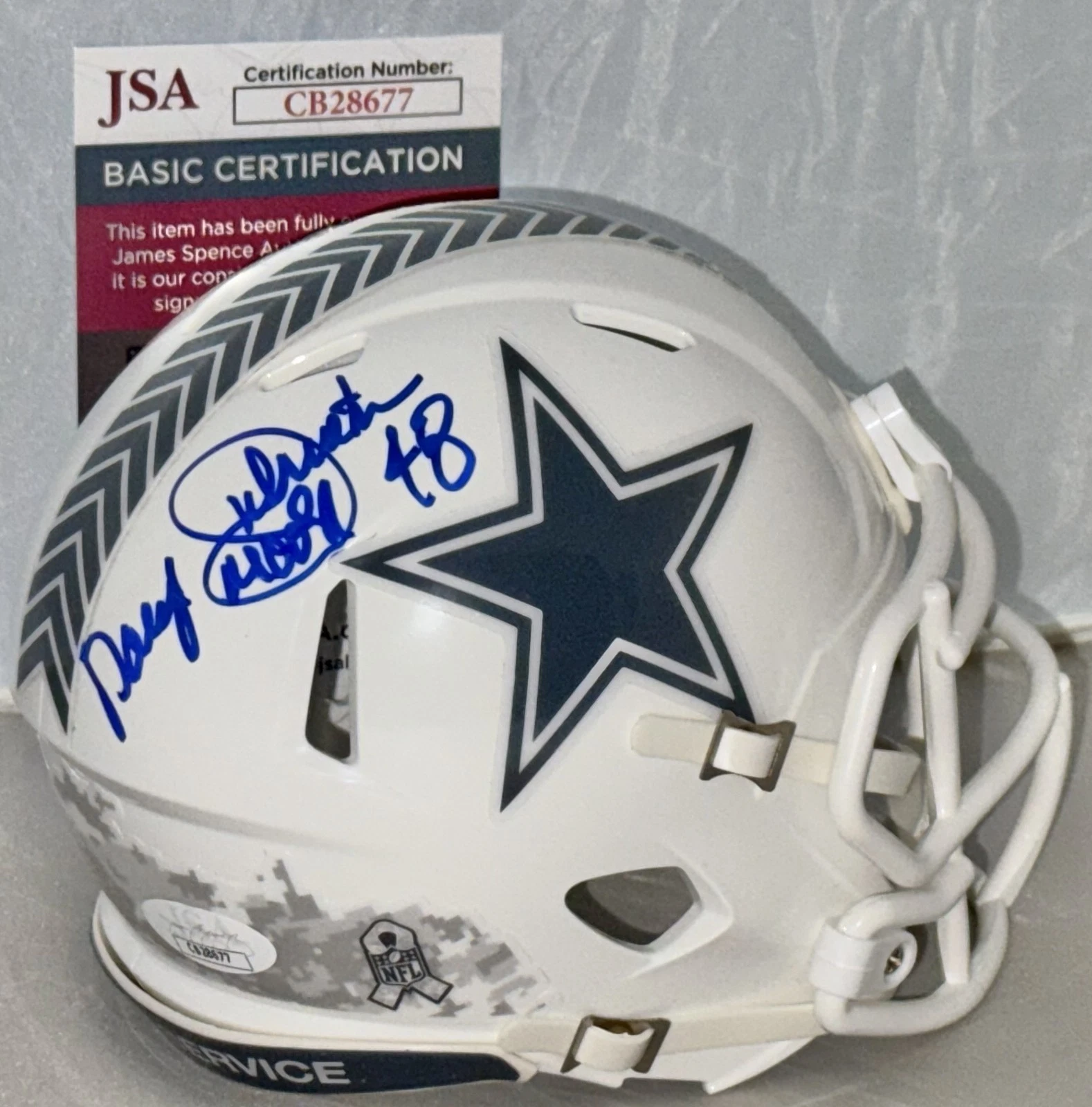 Daryl Johnston signed Dallas Cowboys Salute To Service mini helmet Moose JSA
