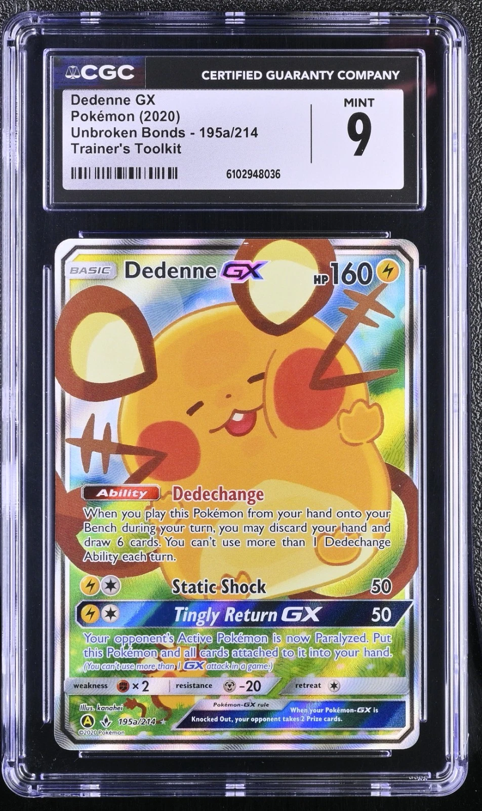 2020 Pokemon Unbroken Bonds #195a/214 Dedenne Gx Trainer Toolkit CGC 9