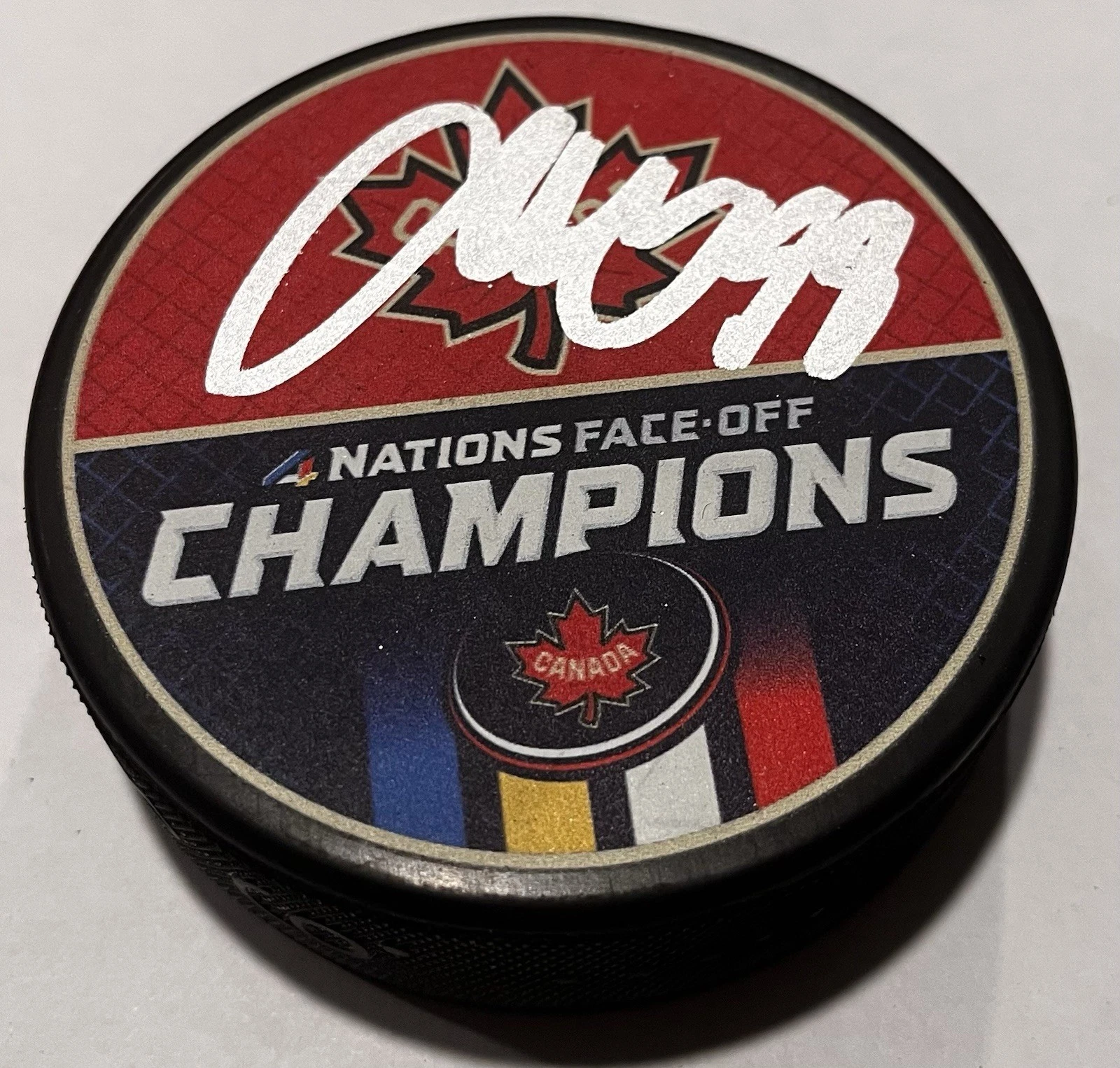 JOSH MORRISSEY SIGNED CANADA 4 NATIONS HOCKEY PUCK W/ CASE WINNIPEG JETS COA