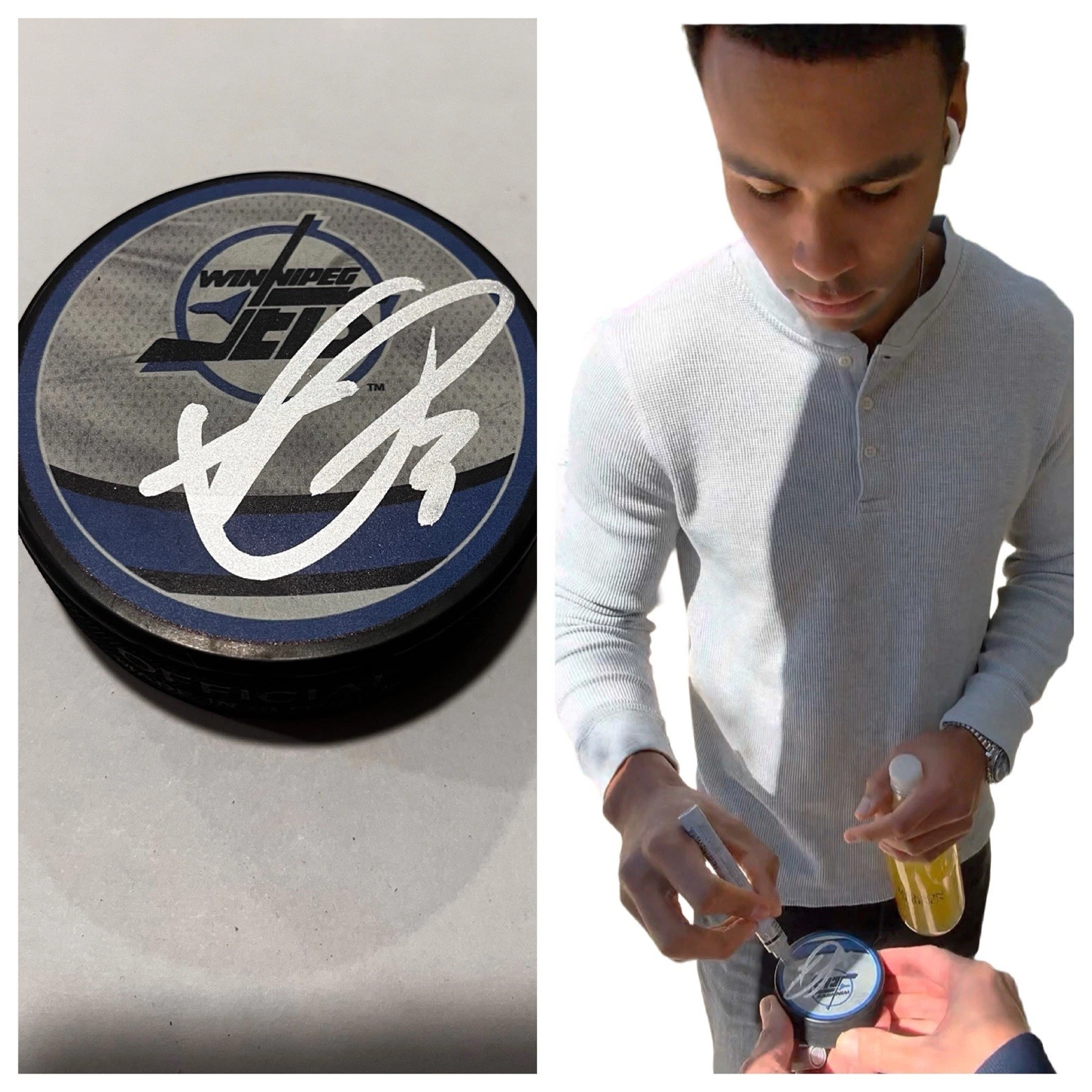 ISAAK PHILLIPS SIGNED WINNIPEG JETS HOCKEY PUCK W/ CASE COA
