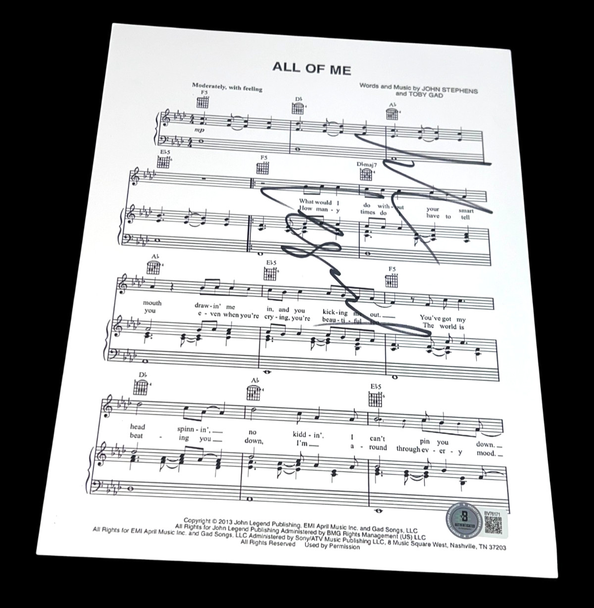 JOHN LEGEND SIGNED AUTOGRAPH SHEET MUSIC ALL OF ME BECKETT BAS AUTO SINGER MSG D