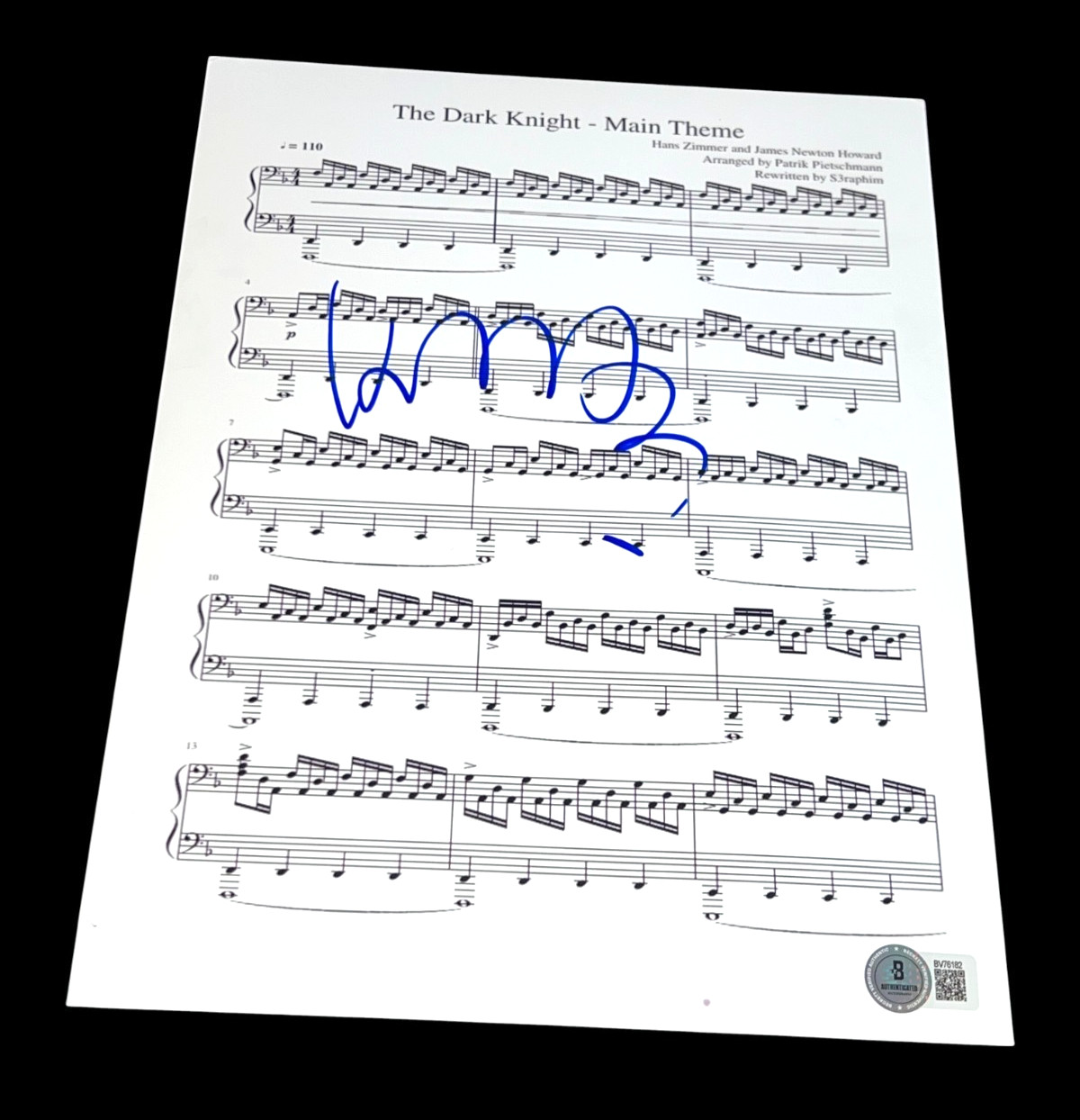 HANS ZIMMER SIGNED AUTOGRAPH SHEET MUSIC DARK KNIGHT BATMAN BECKETT BAS COA D
