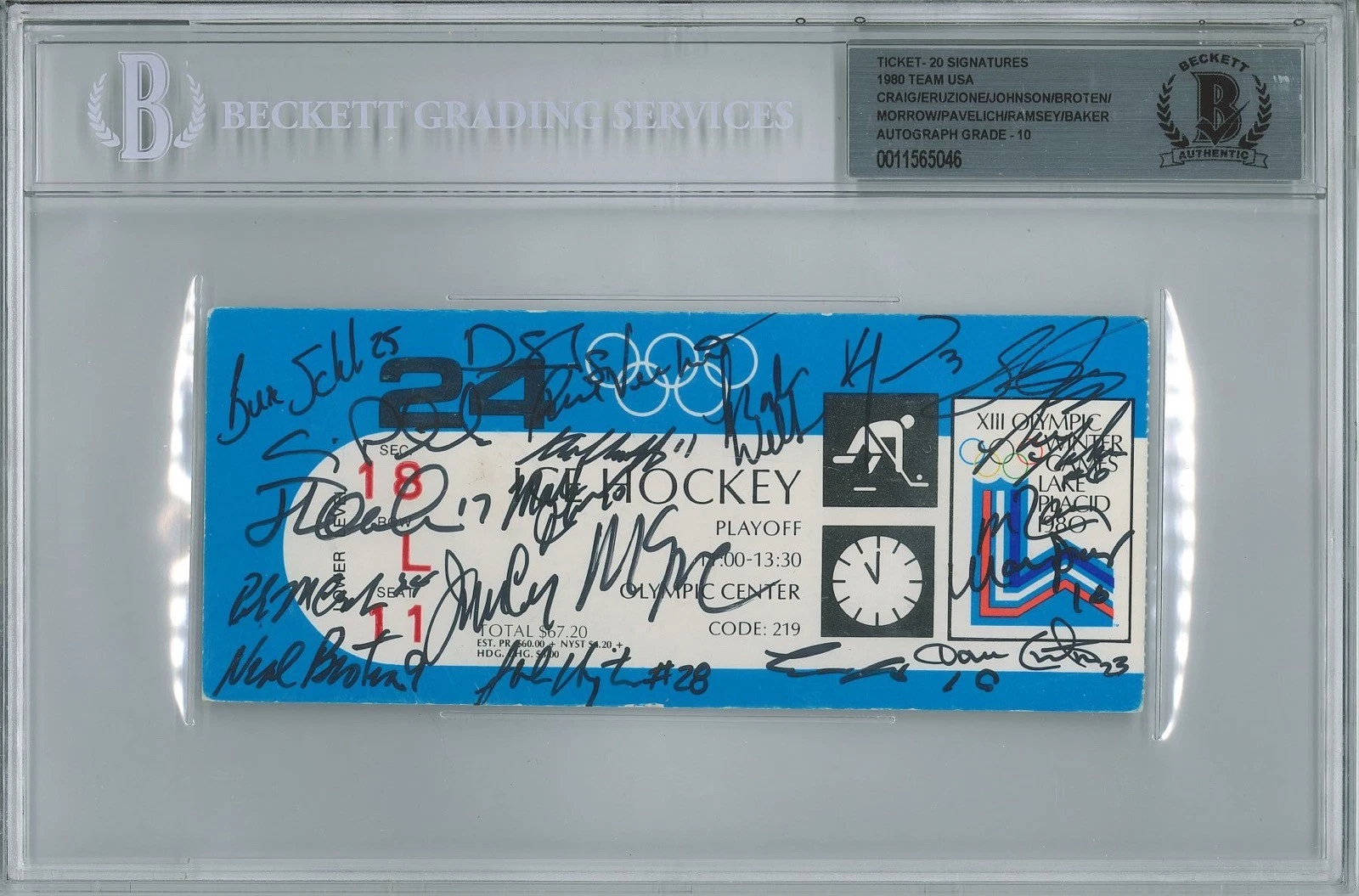 1980 USA OLYMPIC HOCKEY TEAM SIGNED GOLD MEDAL TICKET BAS 20 AUTOS GEM MINT 10