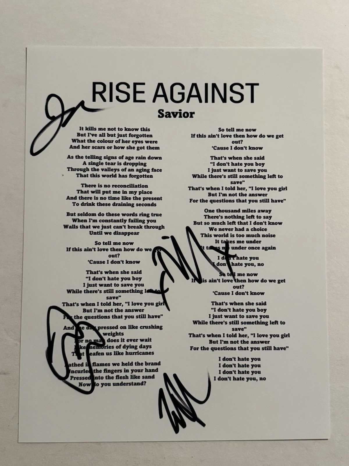 RISE AGAINST BAND SIGNED SAVIOR LYRIC SHEET AUTOGRAPHED TIM MCILRATH RARE COA