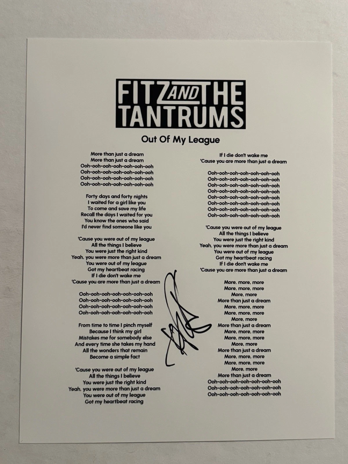 MICHAEL FITZPATRICK SIGNED LYRIC SHEET AUTOGRAPH FITZ & THE TANTRUMS SINGER COA