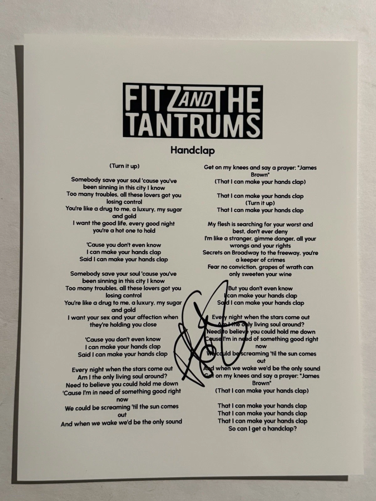 MICHAEL FITZPATRICK SIGNED LYRIC SHEET AUTOGRAPH FITZ & THE TANTRUMS SINGER COA