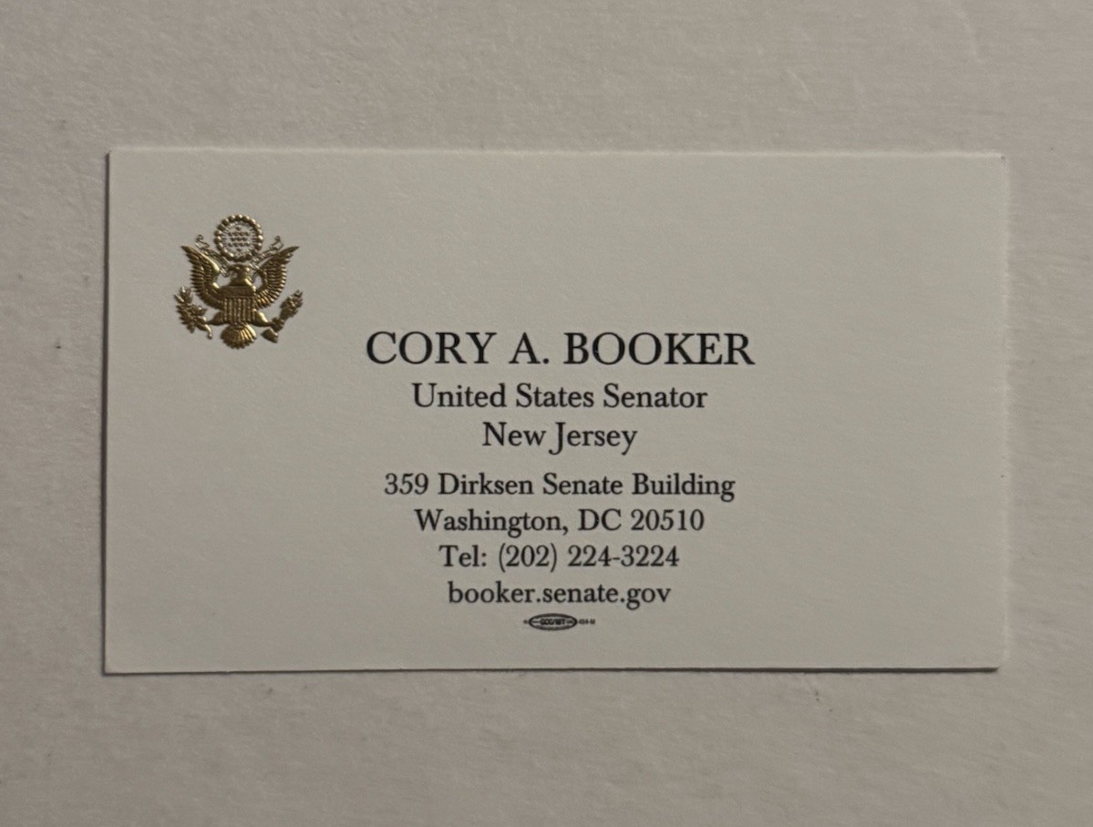 SENATOR CORY BOOKER ORIGINAL BUSINESS CARD US SENATE RARE