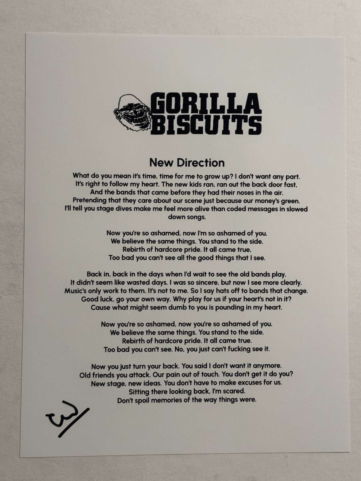 ANTHONY CIVARELLI SIGNED LYRIC SHEET AUTOGRAPHED GORILLA BISCUITS SINGER COA