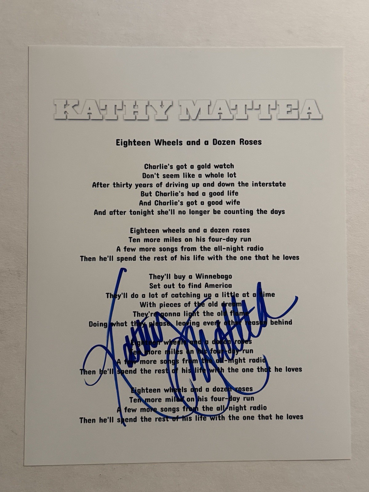 KATHY MATTEA SIGNED LYRIC SHEET AUTOGRAPHED COUNTRY SINGER LEGEND VERY RARE COA