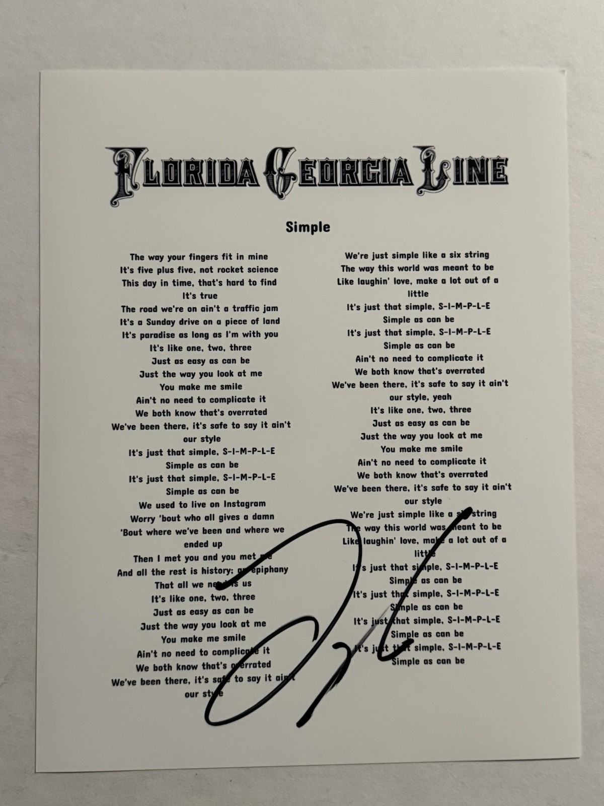 TYLER HUBBARD SIGNED LYRIC SHEET AUTOGRAPHED FLORIDA GEORGIA LINE STAR RARE COA