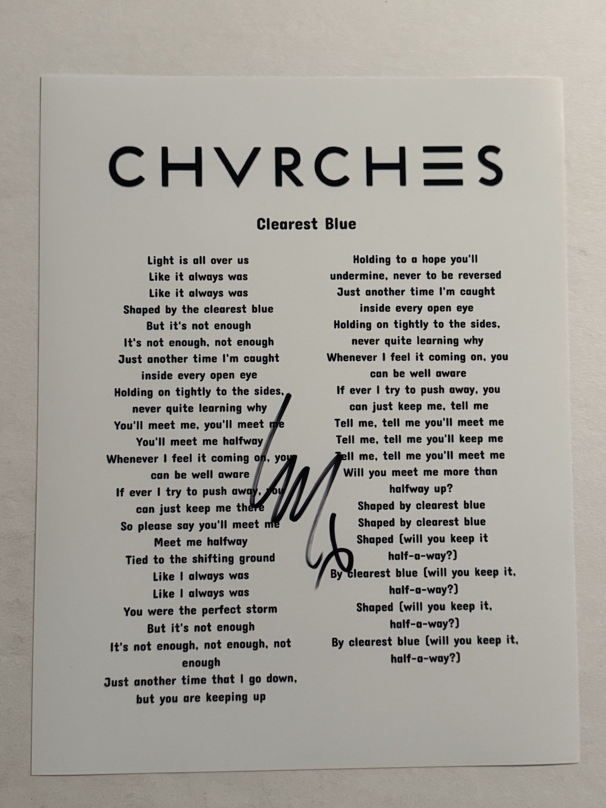 LAUREN MAYBERRY SIGNED LYRIC SHEET AUTOGRAPHED CHVRCHES BAND LEAD SINGER COA