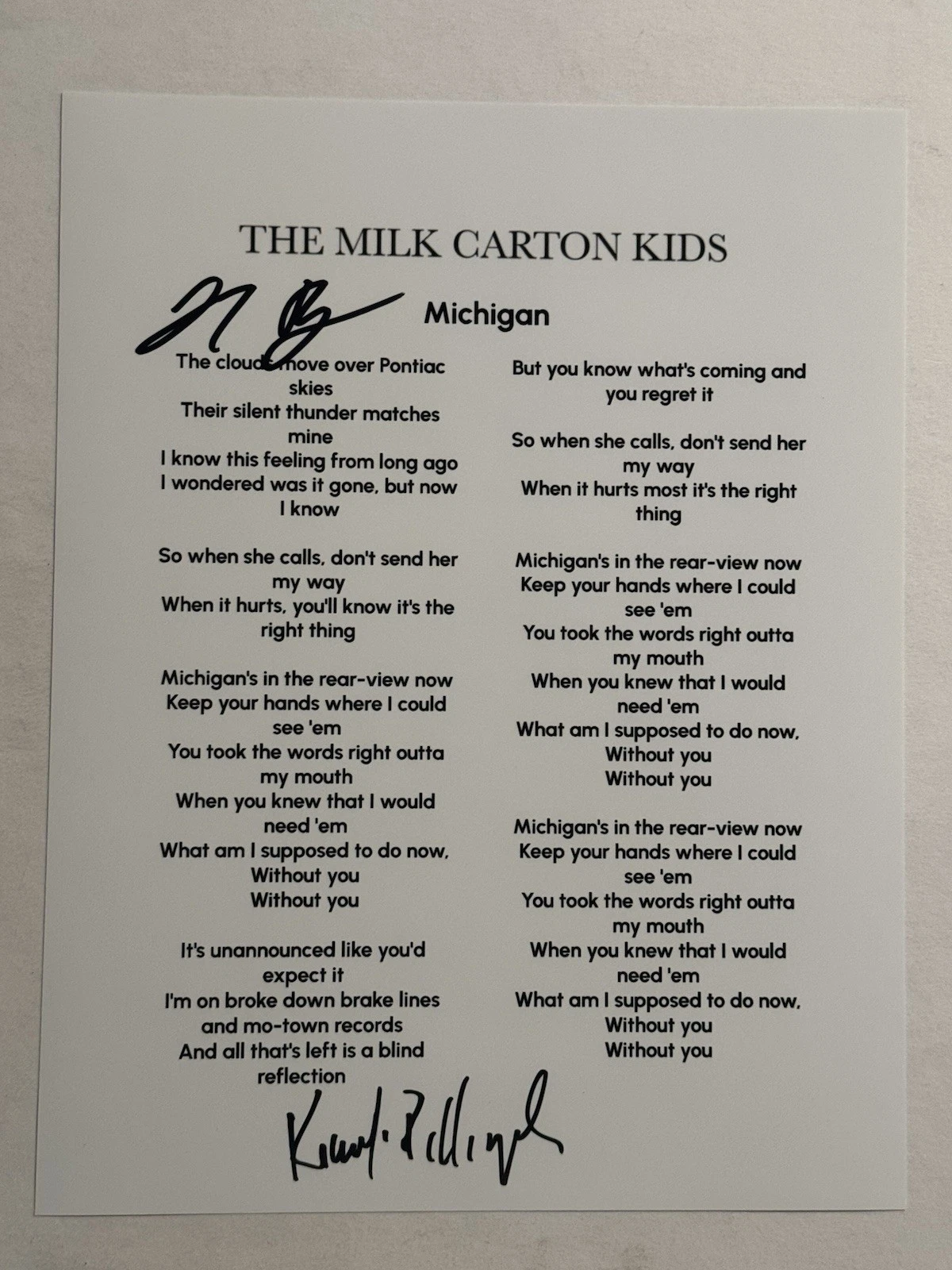 THE MILK CARTON KIDS FULL BAND SIGNED LYRIC SHEET AUTOGRAPHED FOLK DUO RARE COA
