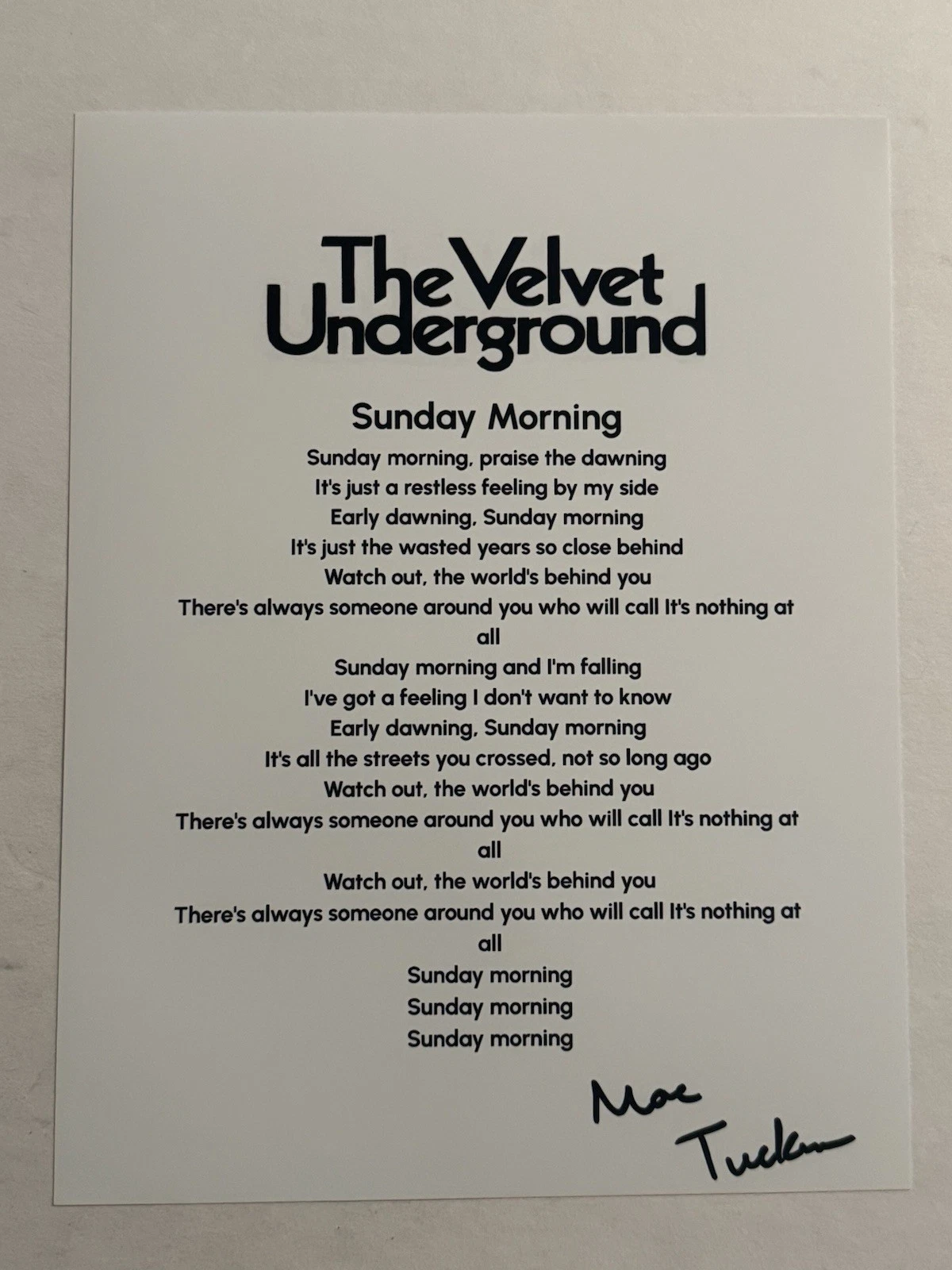 MOE TUCKER SIGNED LYRIC SHEET AUTOGRAPHED THE VELVET UNDERGROUND DRUMMER COA