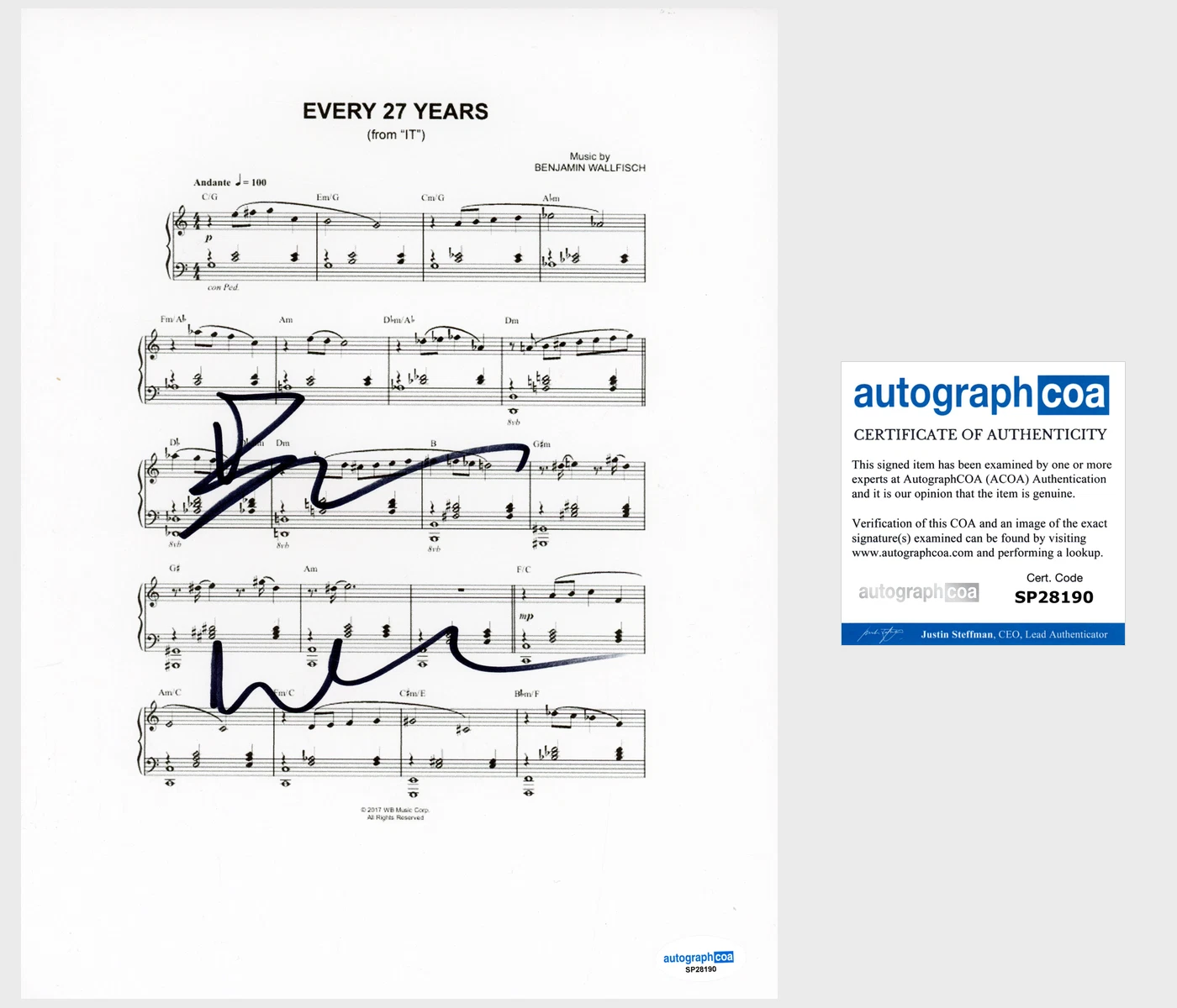 Benjamin Wallfisch ‘It’ Composer Signed Score Sheet Music ACOA