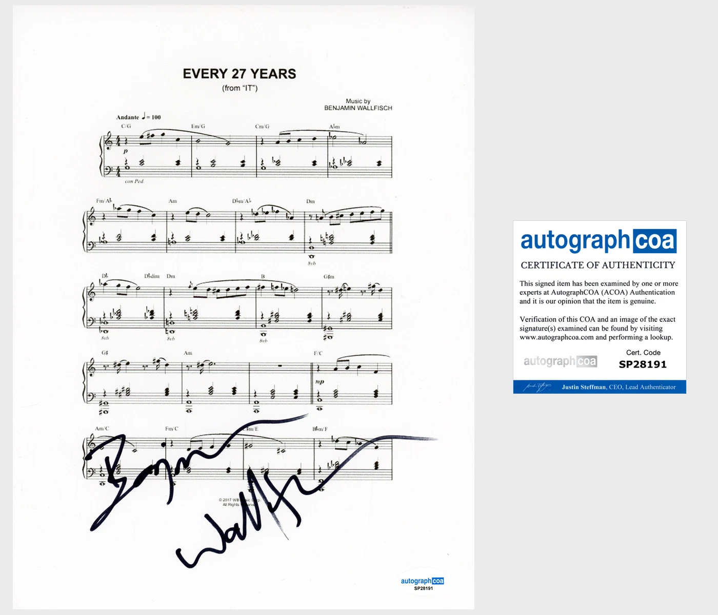 Benjamin Wallfisch ‘It’ Composer Signed Score Sheet Music ACOA
