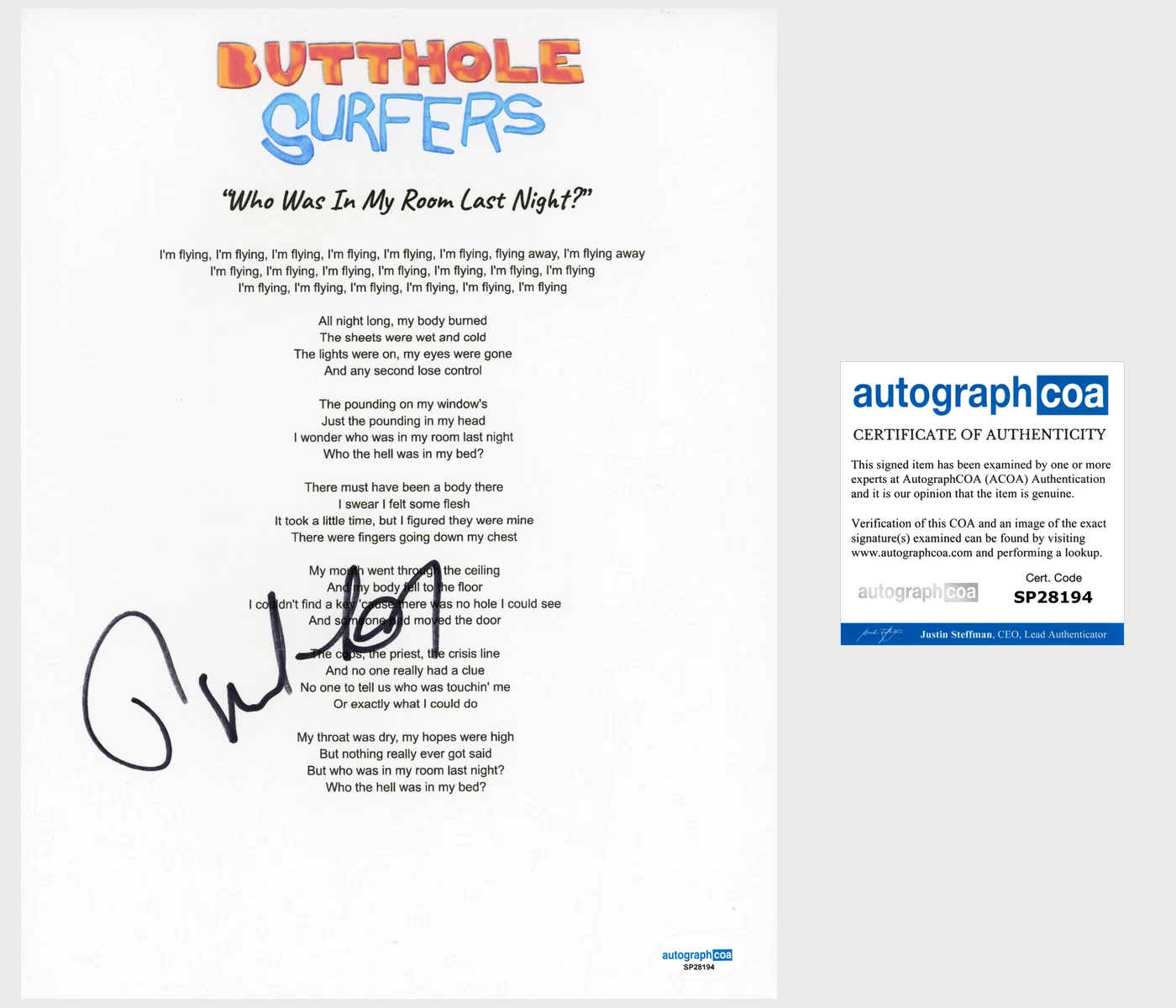 Paul Leary 'Butthole Surfers' Band Signed 'Who Was In My Room' Lyric Sheet ACOA