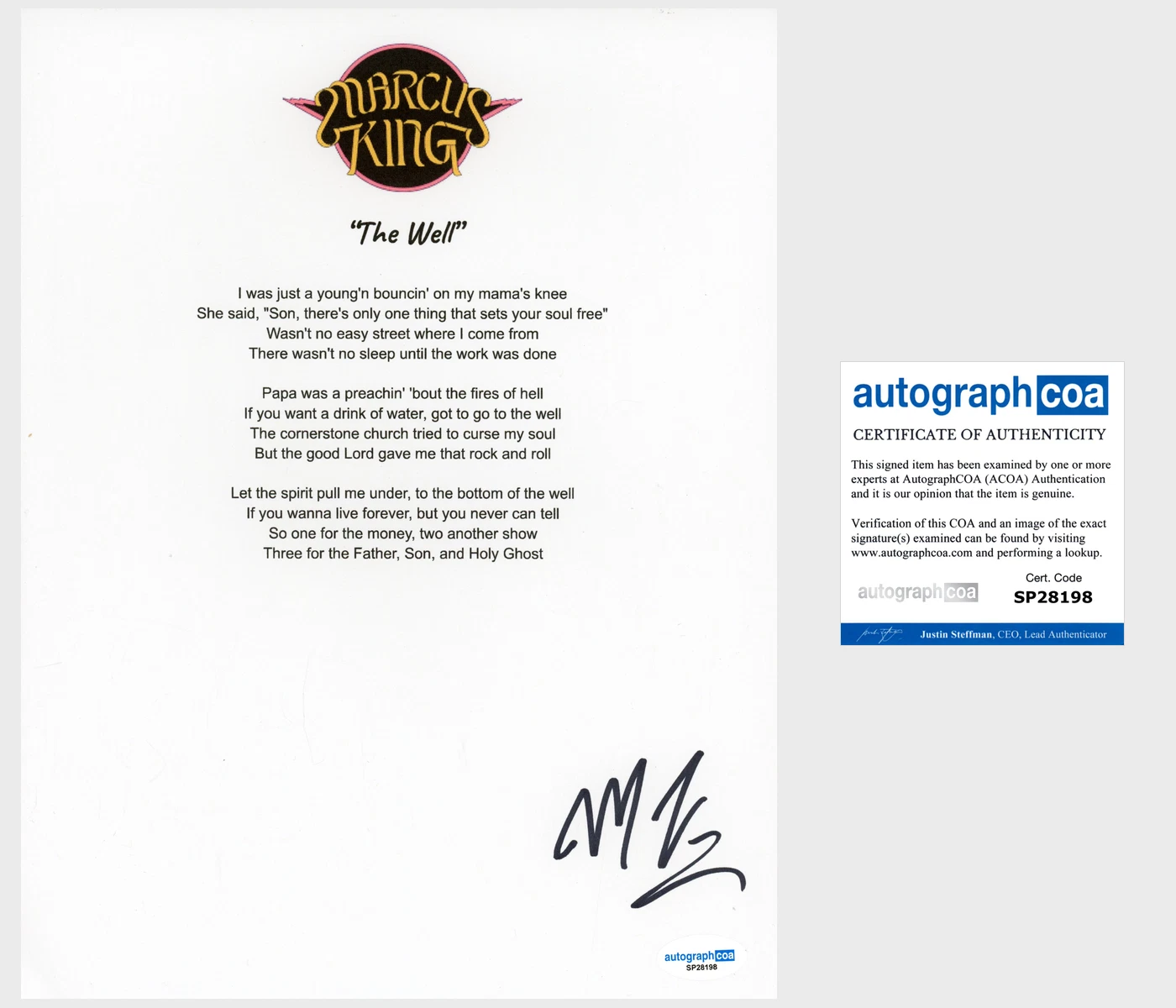 'Marcus King' Signed Lyric Sheet 'The Well' ACOA