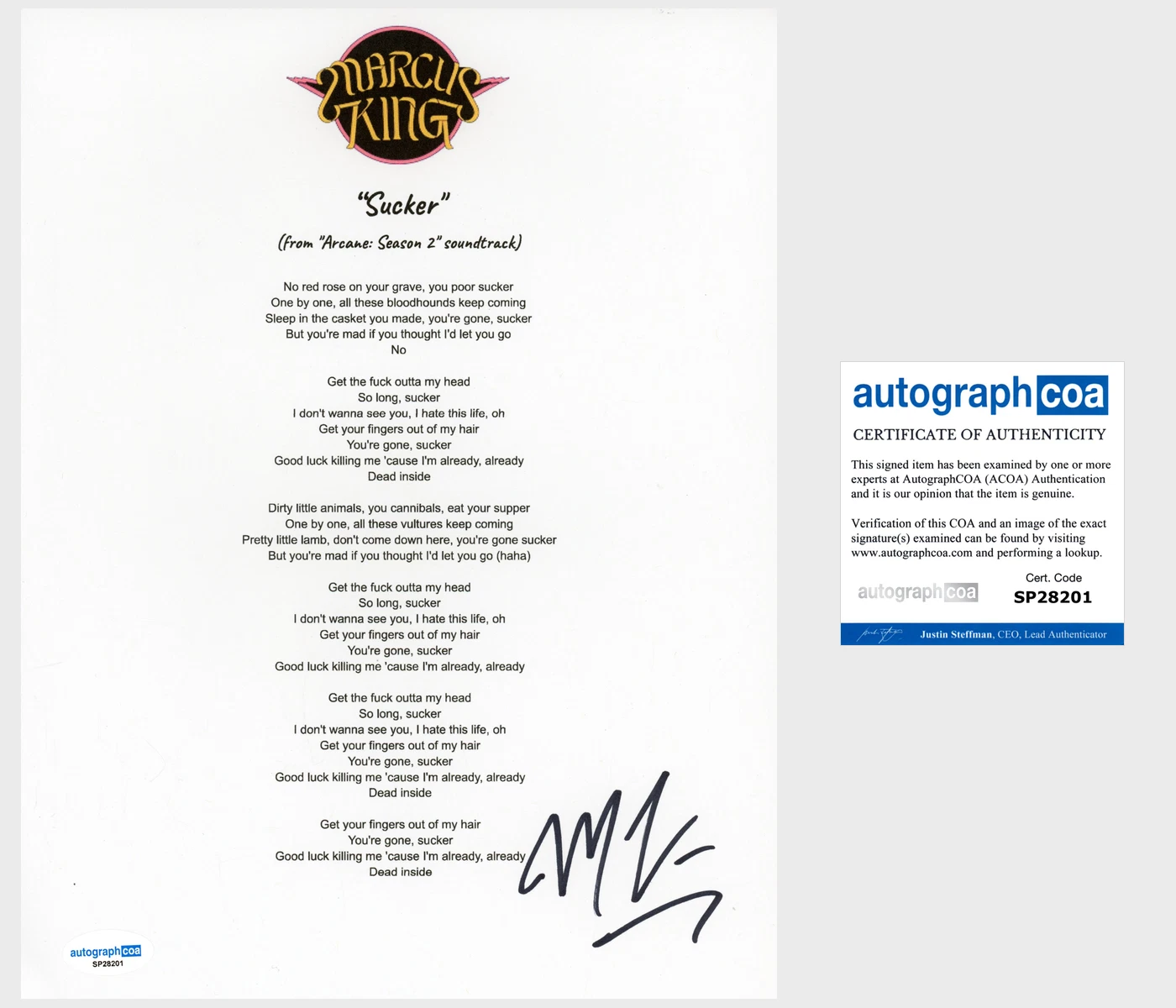 'Marcus King' Signed Lyric Sheet 'Sucker' ACOA Arcane Soundtrack