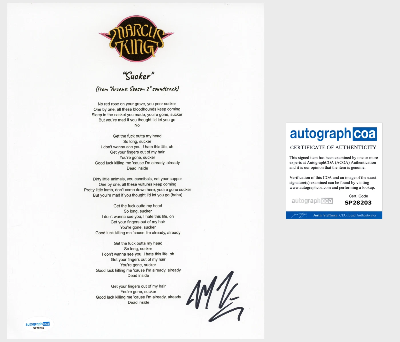 'Marcus King' Signed Lyric Sheet 'Sucker' ACOA Arcane Soundtrack