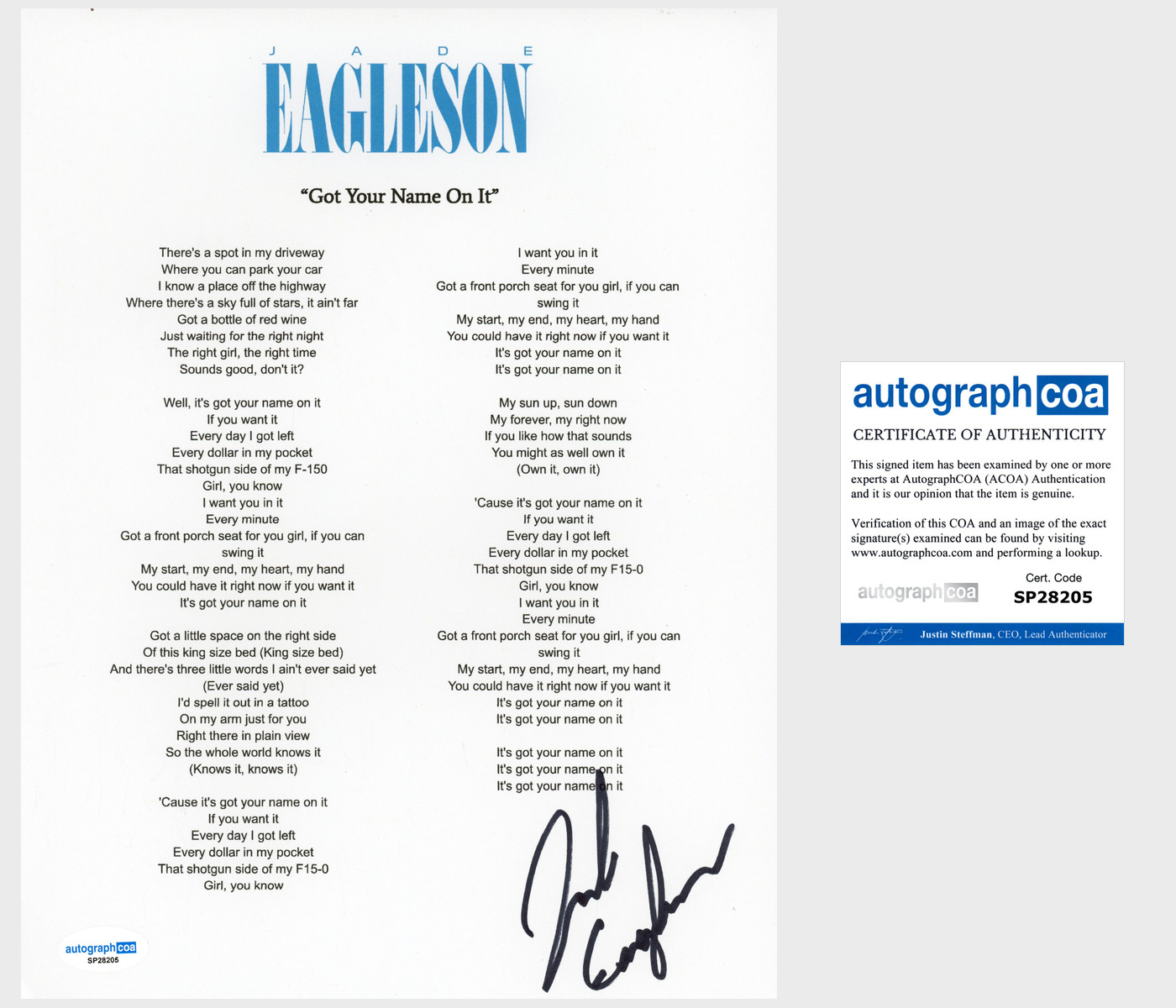 Jade Eagleson 'Got Your Name On It' Signed Lyric Sheet Country Singer ACOA
