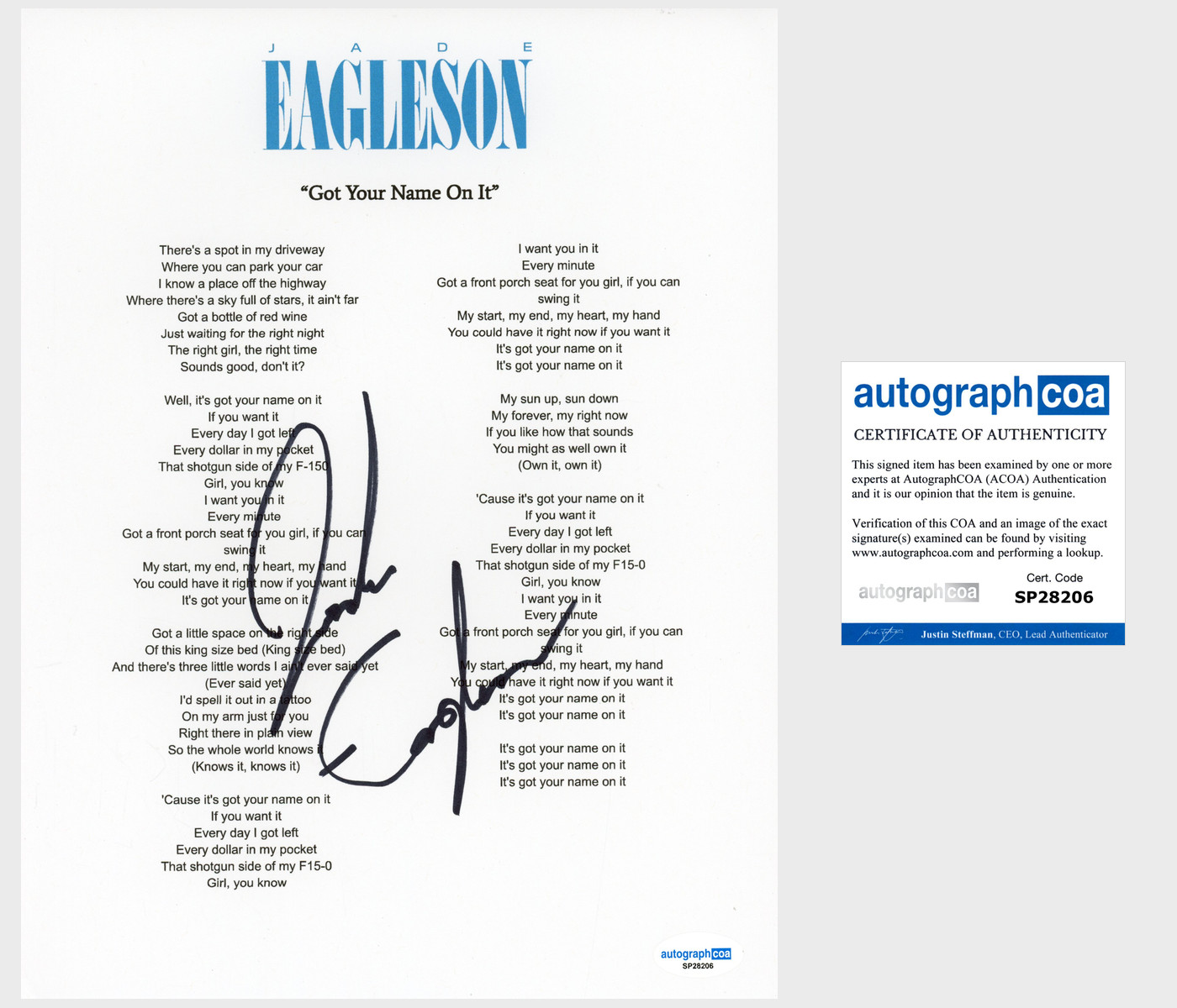 Jade Eagleson 'Got Your Name On It' Signed Lyric Sheet Country Singer ACOA
