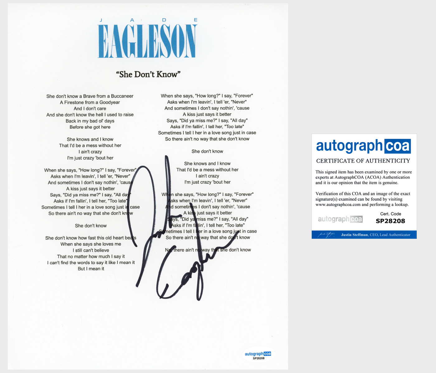 Jade Eagleson 'She Don't Know' Signed Lyric Sheet Country Singer ACOA