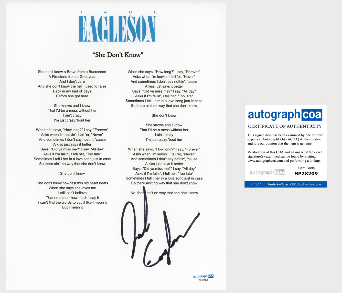 Jade Eagleson 'She Don't Know' Signed Lyric Sheet Country Singer ACOA