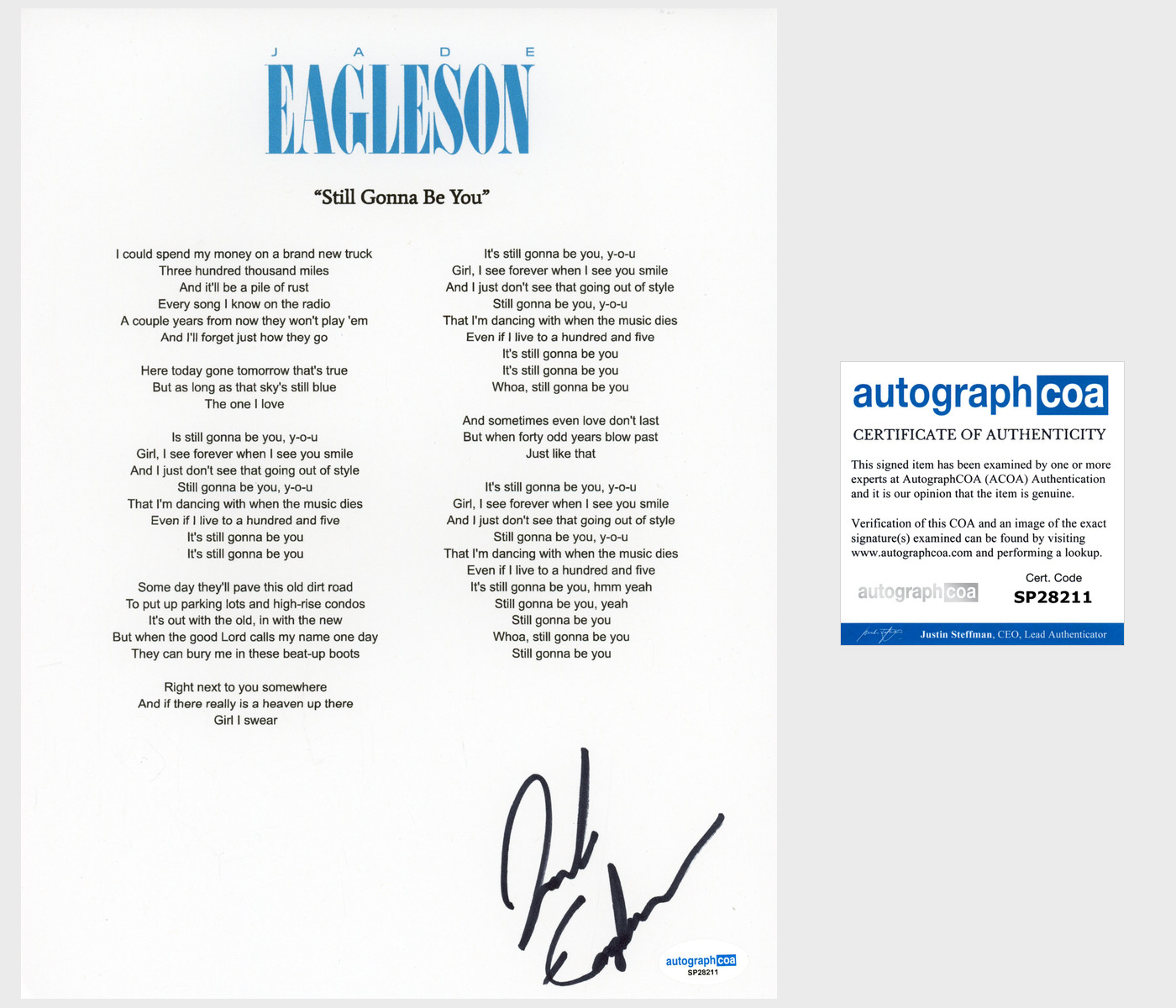 Jade Eagleson 'Still Gonna Be You' Signed Lyric Sheet Country Singer ACOA