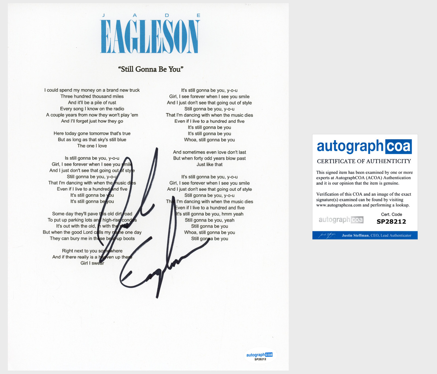 Jade Eagleson 'Still Gonna Be You' Signed Lyric Sheet Country Singer ACOA