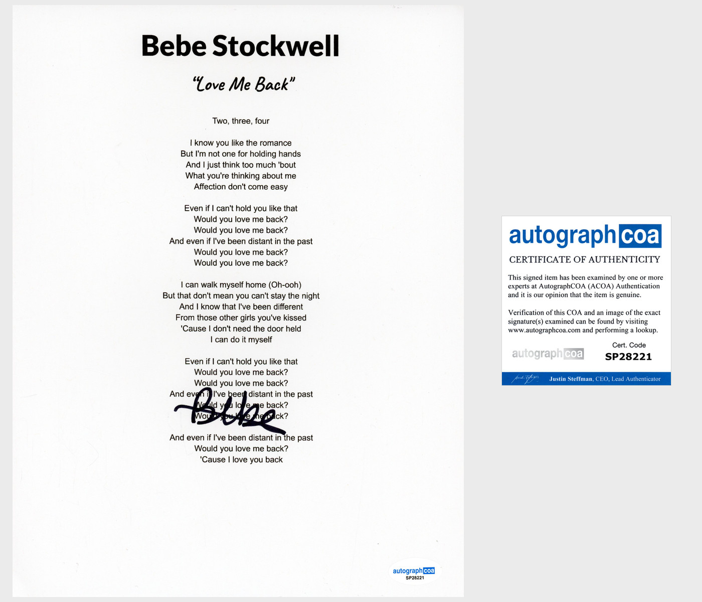 'Bebe Stockwell' Signed Lyric Sheet 'Love Me Back' Pop Singer ACOA