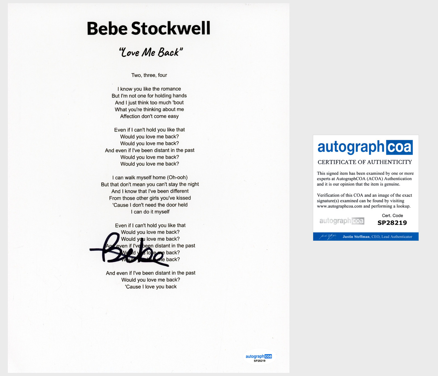 'Bebe Stockwell' Signed Lyric Sheet 'Love Me Back' Pop Singer ACOA