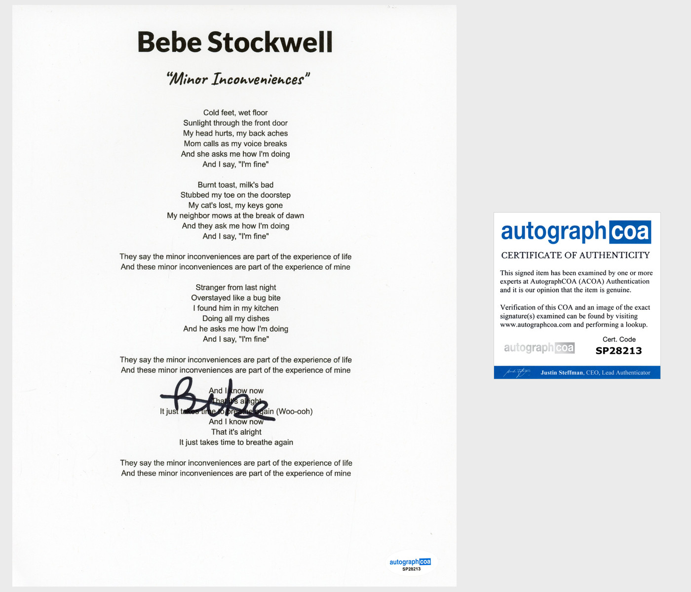 'Bebe Stockwell' Signed Lyric Sheet 'Minor Inconveniences' Pop Singer ACOA