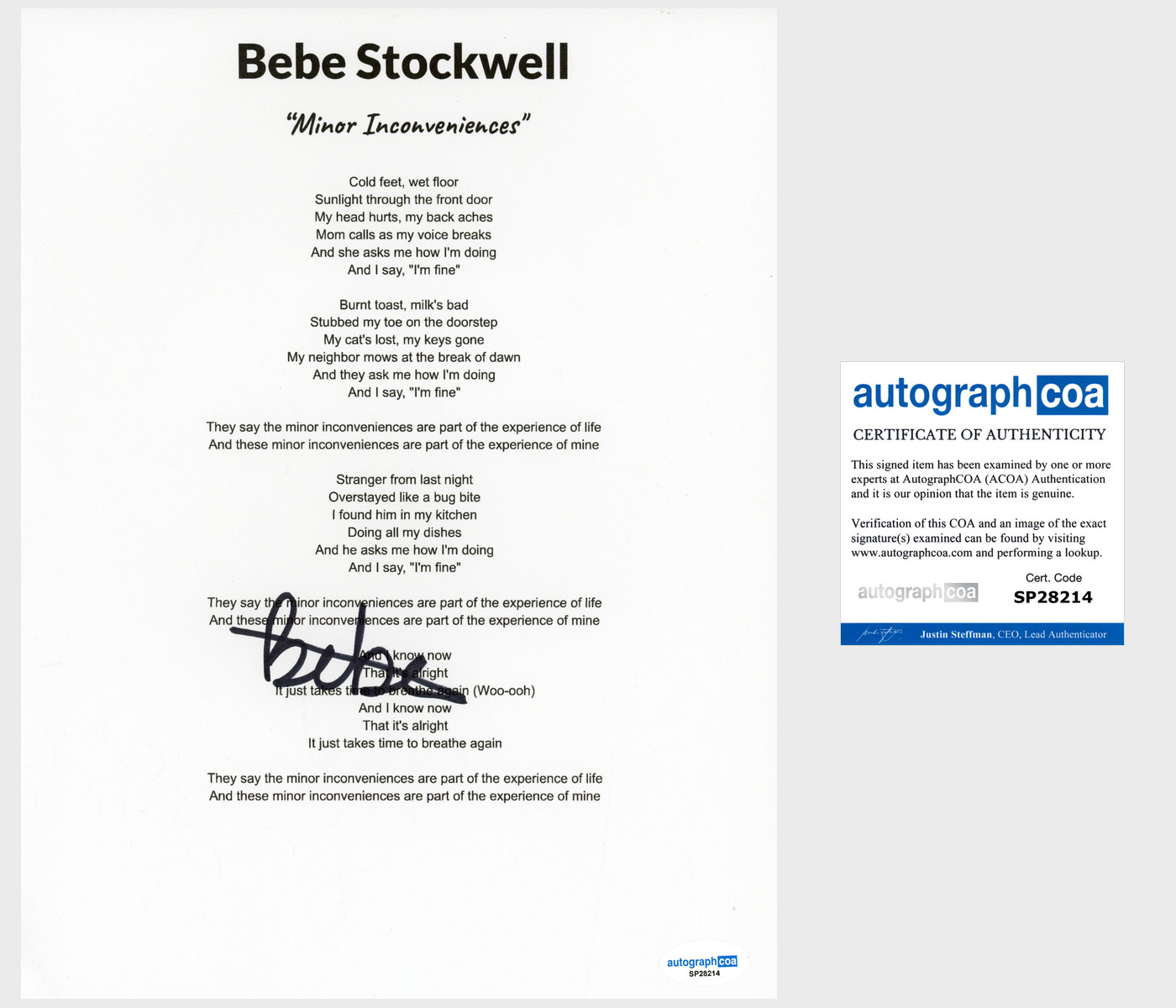 'Bebe Stockwell' Signed Lyric Sheet 'Minor Inconveniences' Pop Singer ACOA