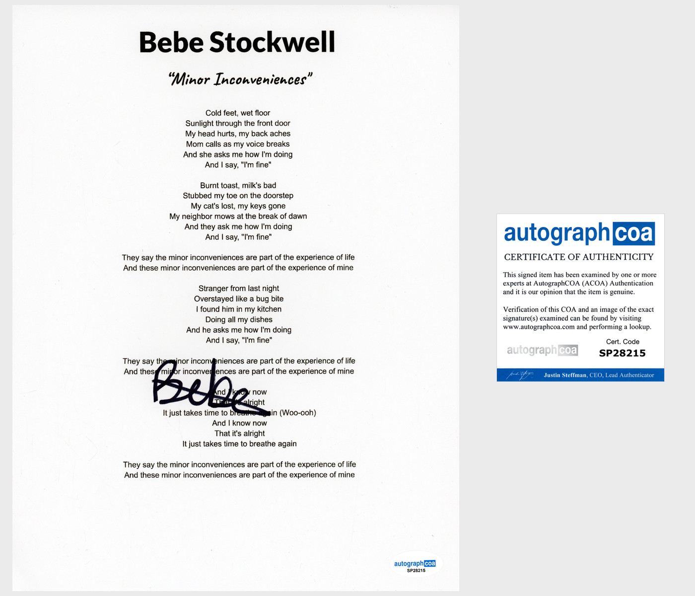 'Bebe Stockwell' Signed Lyric Sheet 'Minor Inconveniences' Pop Singer ACOA