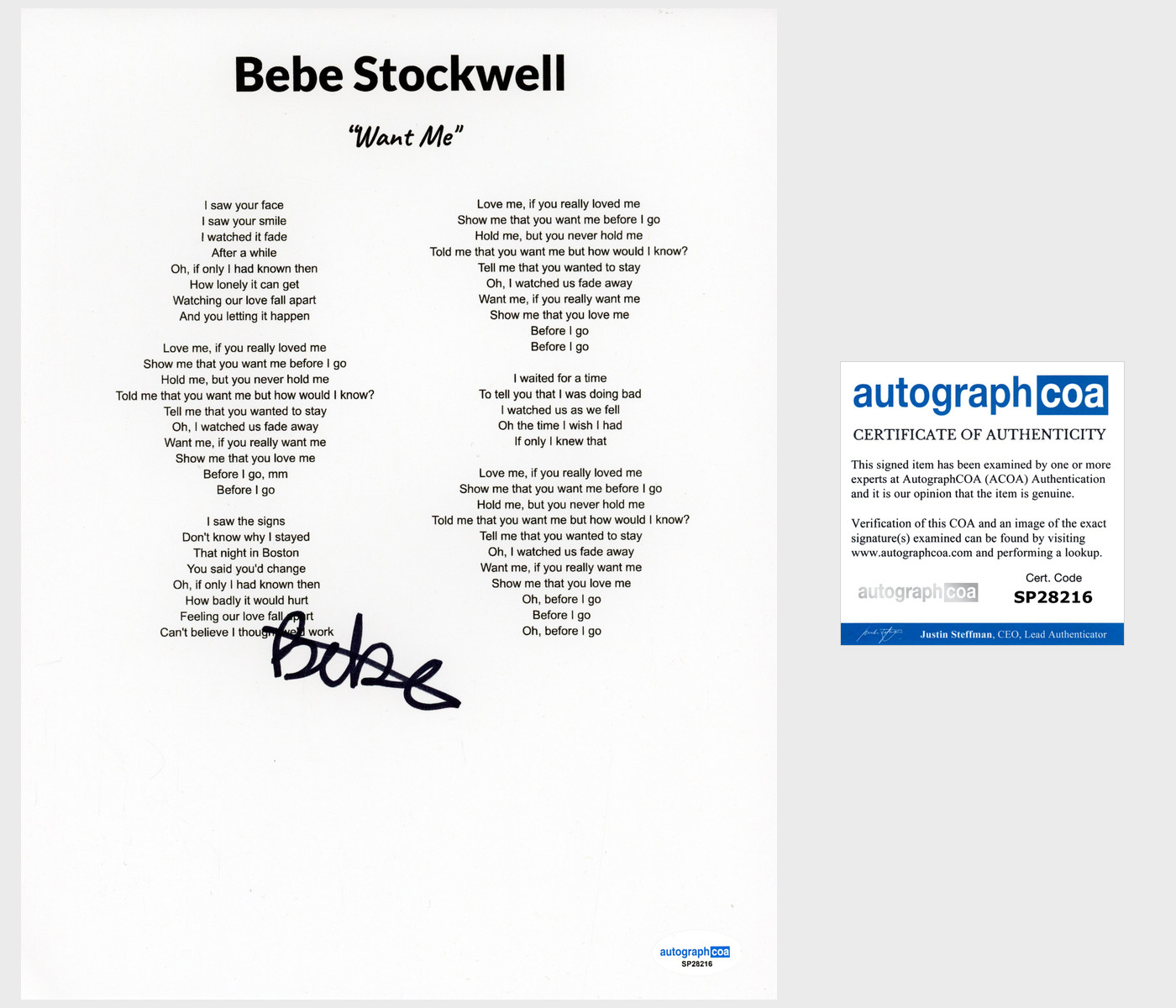 'Bebe Stockwell' Signed Lyric Sheet 'Want Me' Pop Singer ACOA