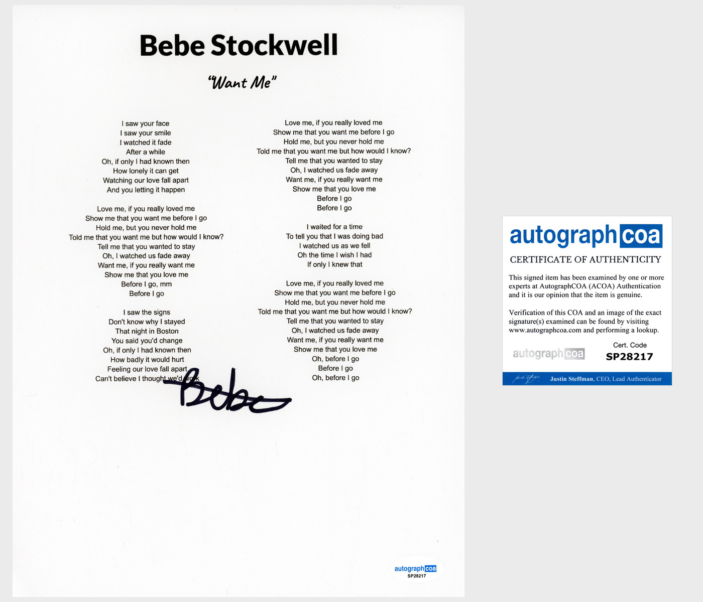 'Bebe Stockwell' Signed Lyric Sheet 'Want Me' Pop Singer ACOA