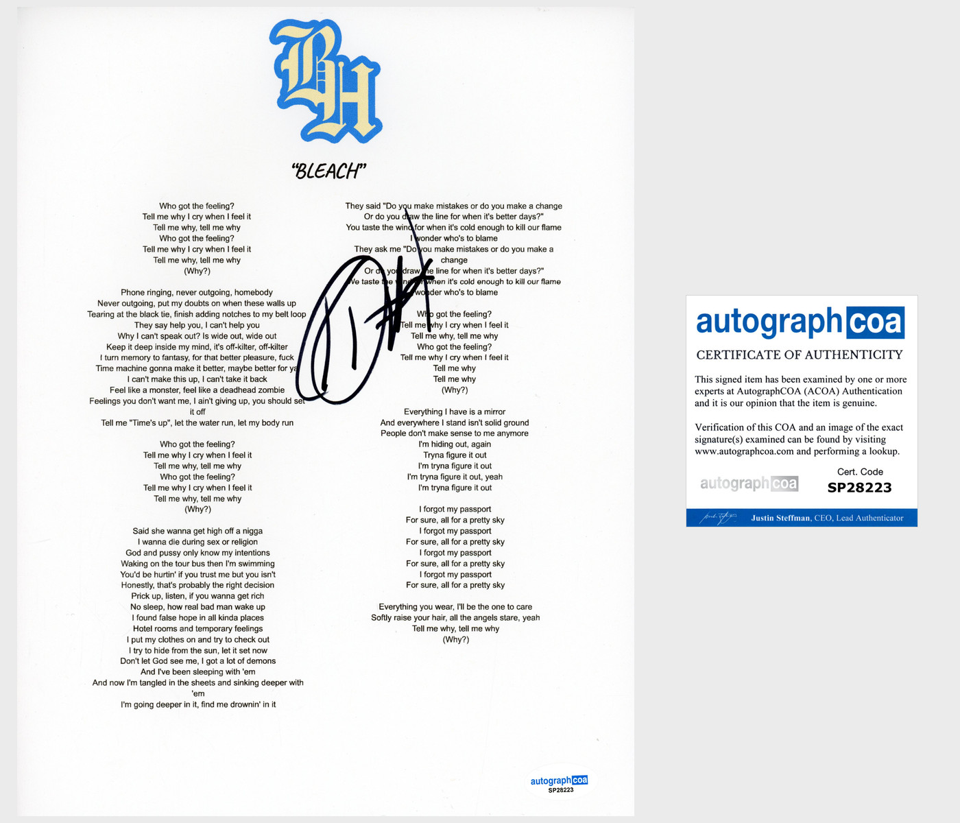 Kevin Abstract 'Brockhampton' Rapper Signed Lyric Sheet 'BLEACH' ACOA