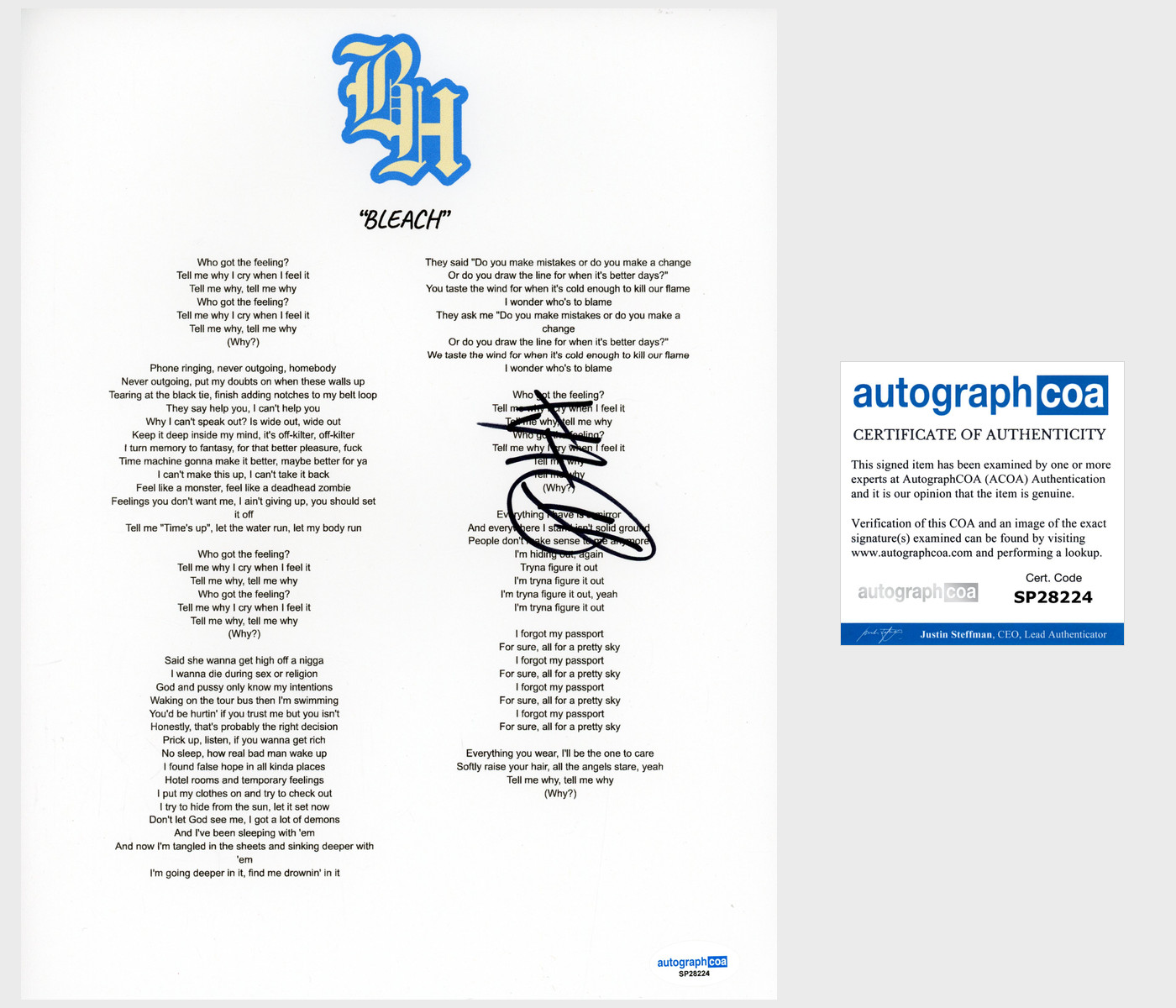 Kevin Abstract 'Brockhampton' Rapper Signed Lyric Sheet 'BLEACH' ACOA