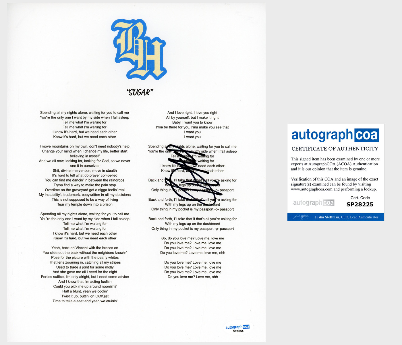 Kevin Abstract 'Brockhampton' Rapper Signed Lyric Sheet 'SUGAR' ACOA