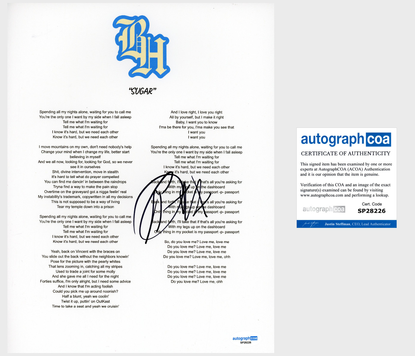 Kevin Abstract 'Brockhampton' Rapper Signed Lyric Sheet 'SUGAR' ACOA