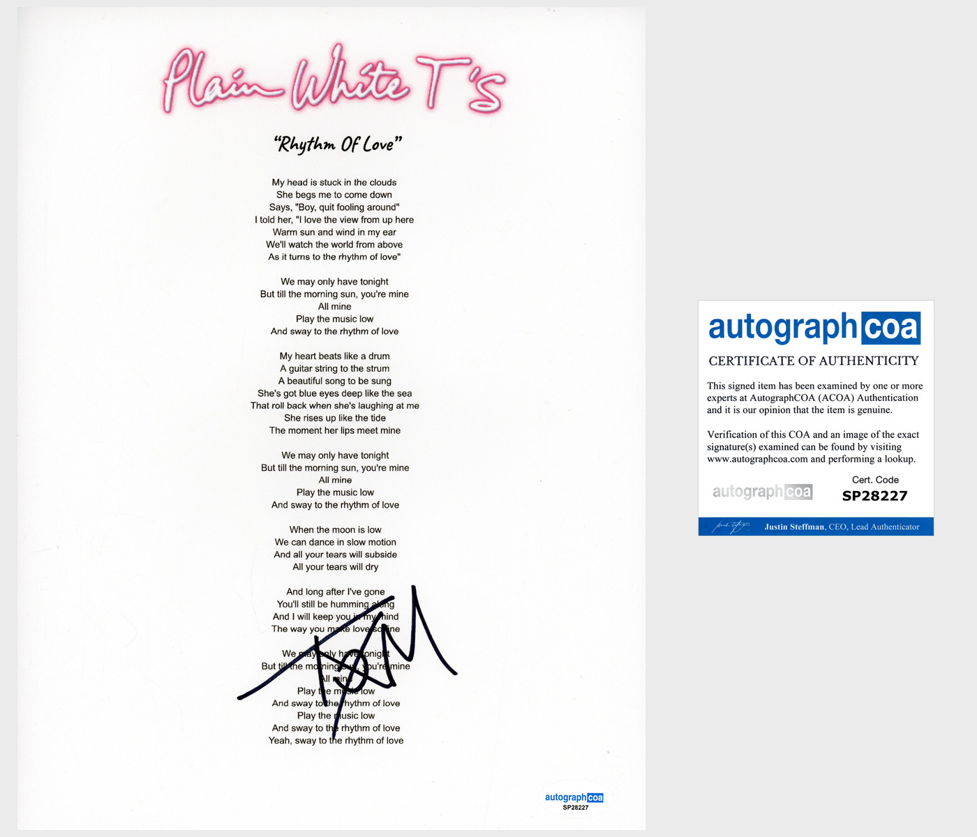 Tom Higgenson 'Plain White T's' Signed Lyric Sheet 'Rhythm Of Love' ACOA