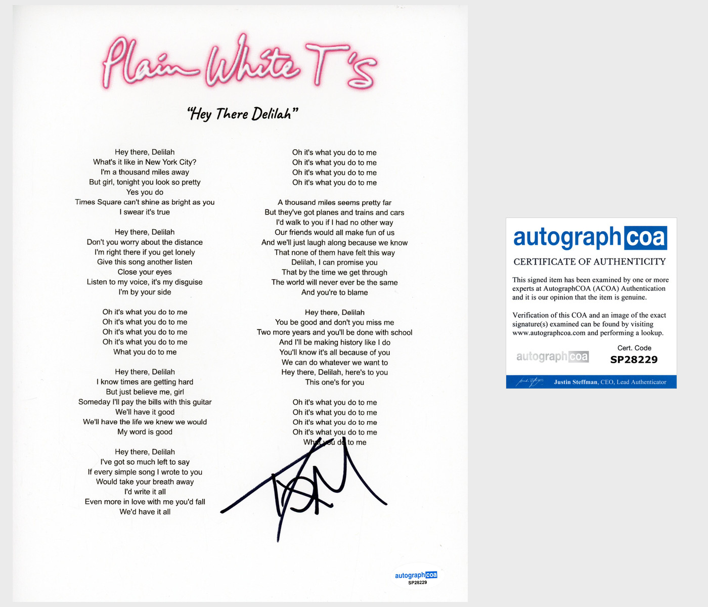 Tom Higgenson 'Plain White T's' Signed Lyric Sheet 'Hey There Delilah' ACOA