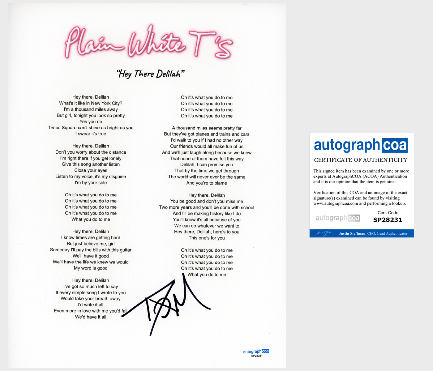 Tom Higgenson 'Plain White T's' Signed Lyric Sheet 'Hey There Delilah' ACOA