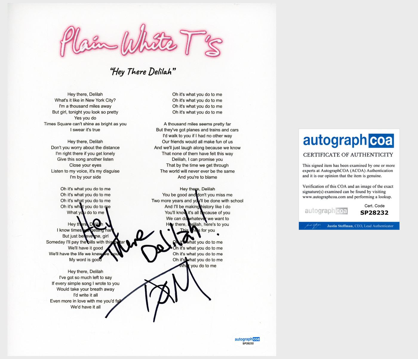 Tom Higgenson 'Plain White T's' Signed Lyric Sheet 'Hey There Delilah' ACOA